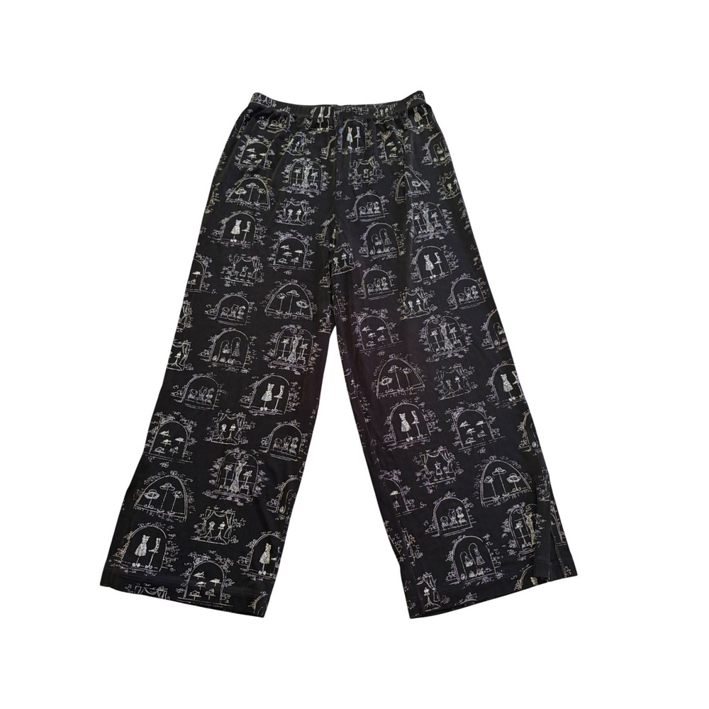 Chicos Travelers Pants Sz 1 M Black Silver Boutique Novelty Print Wide Leg Rise